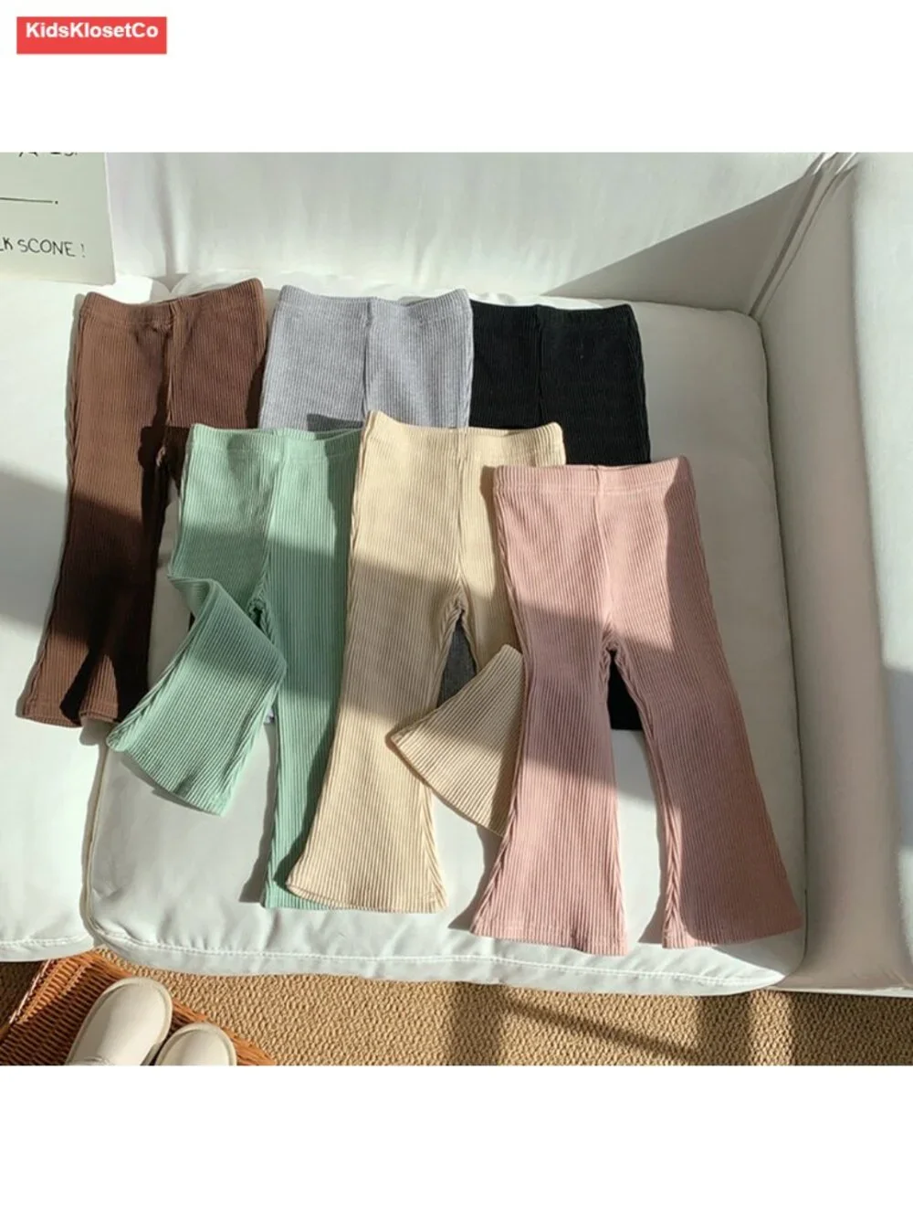 Girls Ribbed Knit Bell Bottom Pants Ruffle Flared Leggings